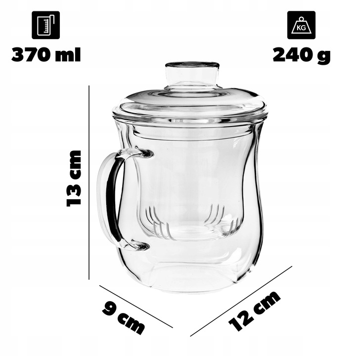 KUBEK Z ZAPARZACZEM DO HERBATY ZIÓŁ 370ml SITKO SZKLANY POKRYWKĄ TERMICZNY