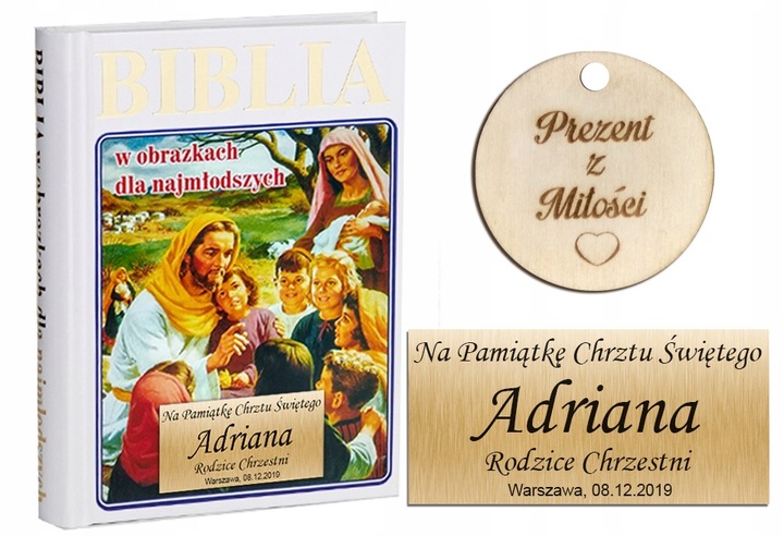 BIBLIA NA PREZENT BIBLIA na CHRZEST KOMUNIĘ PISMO ŚWIĘTE GRAWER IMIĘ biała