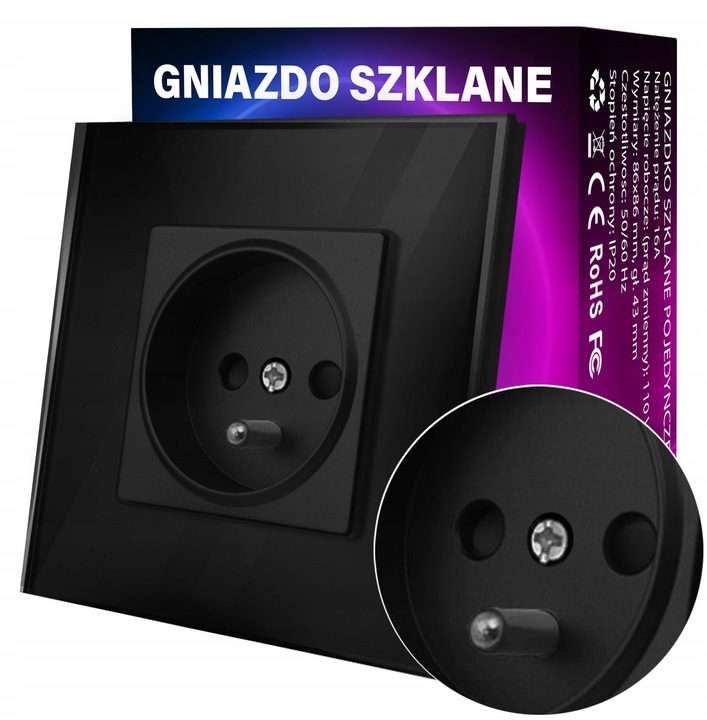 Gniazdo Gniazdko Szklane z Bolcem Czarne Pojedyncze Kontakt Szklany