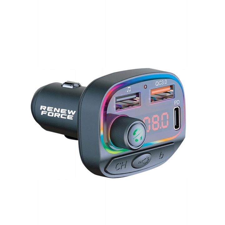 Transmiter bluetooth FM samochodowy SZYBKA ładowarka PD 24W QC3.0 USB-C RGB