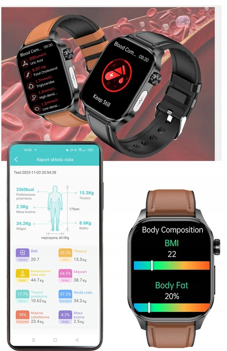 SMARTWATCH MĘSKI Zegarek EKG FUNKCJA POMIARU CUKRU AMOLED CIŚNIENIE ROZMOWY
