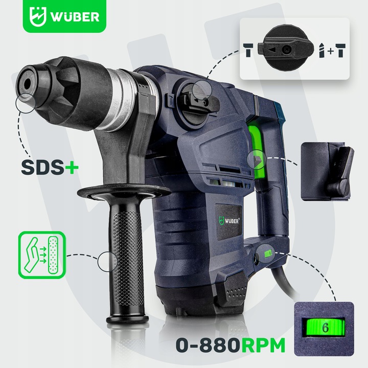 MŁOTOWIERTARKA UDAROWA SDS+ WIERTARKA MŁOT UDAROWY MOCNY ZESTAW WUBER