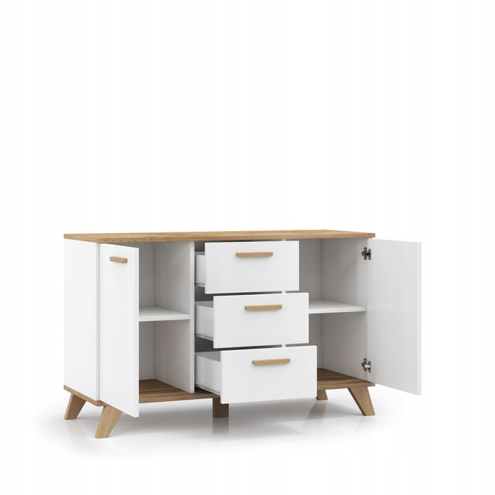 Komoda Szafka BIAŁY MAT Pojemna Dąb Wotan Szuflady Drzwi Salon 120cm