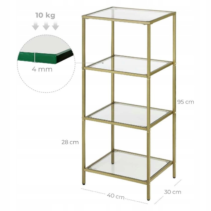 Regał z półkami 4 POZIOMY GLAMOUR 40 x 30 X 95 cm szafka szklana ZŁOTY
