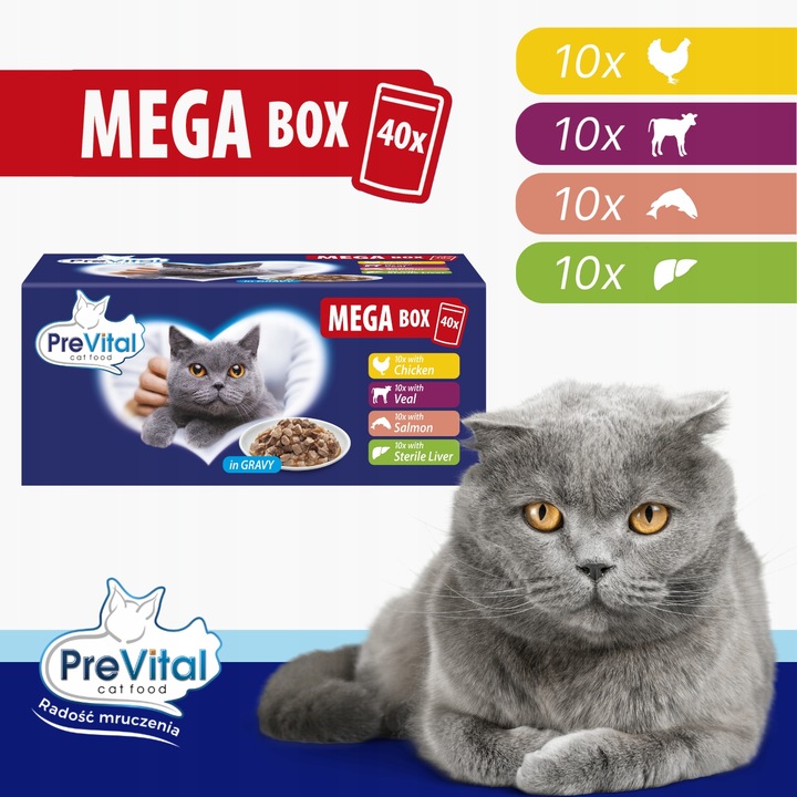 KARMA MOKRA DLA KOTA PREVITAL SASZETKI MEGA BOX 40X100G MIX SMAKÓW W SOSIE