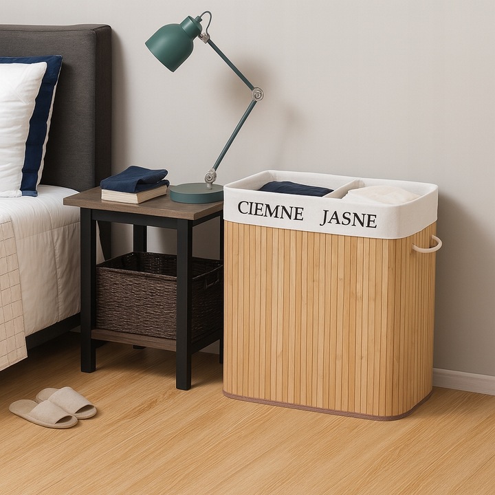 KOSZ BAMBUSOWY NA PRANIE BIELIZNĘ ZAMYKANY DWUKOMOROWY POJEMNIK WĄSKI 100L