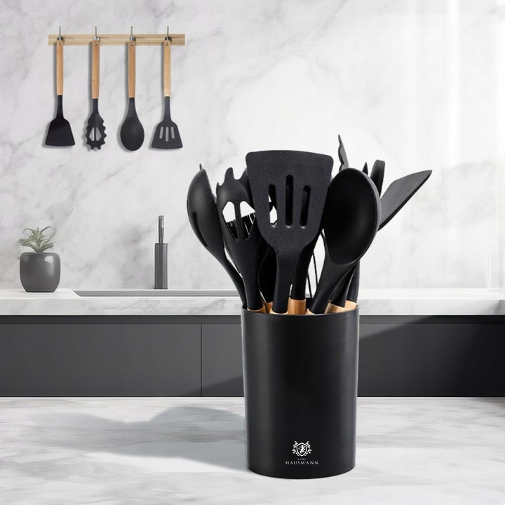 PRZYBORY KUCHENNE SILIKONOWE 12el czarne ZESTAW PRZYBORÓW KUCHENNYCH STOJAK