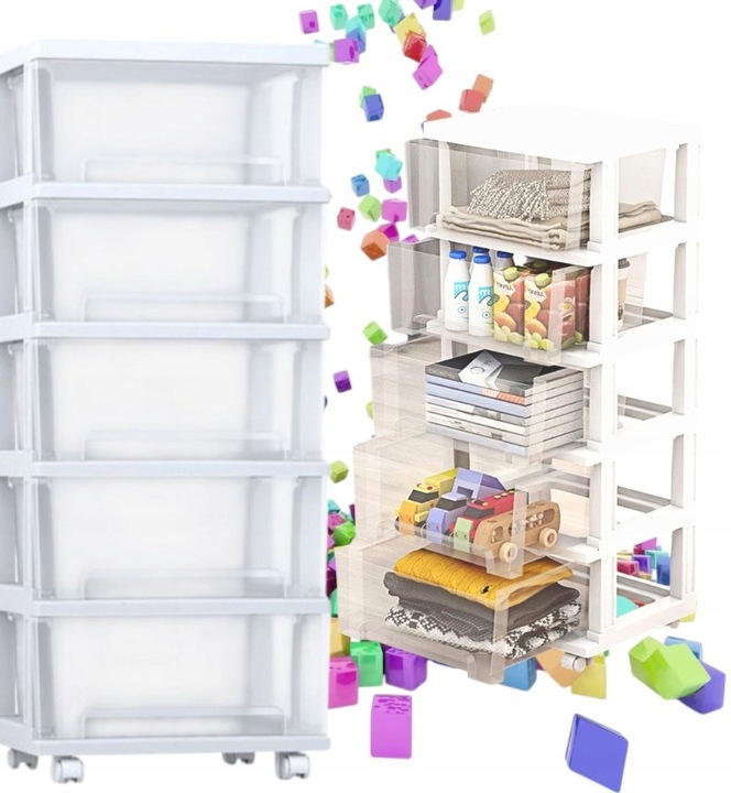 PLASTIKOWY POJEMNIK REGAŁ KOSZ NA ZABAWKI SZUFLADY 5 PÓŁEK na kółkach