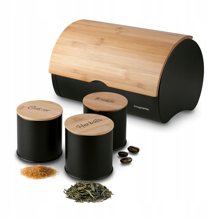 CHLEBAK ZESTAW Z POJEMNIKAMI NOWOCZESNY KAWA CUKIER HERBATA CZARNY