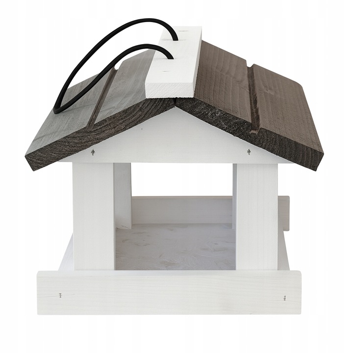 Karmnik dla ptaków drewniany domek budka z drewna biało szary Karma