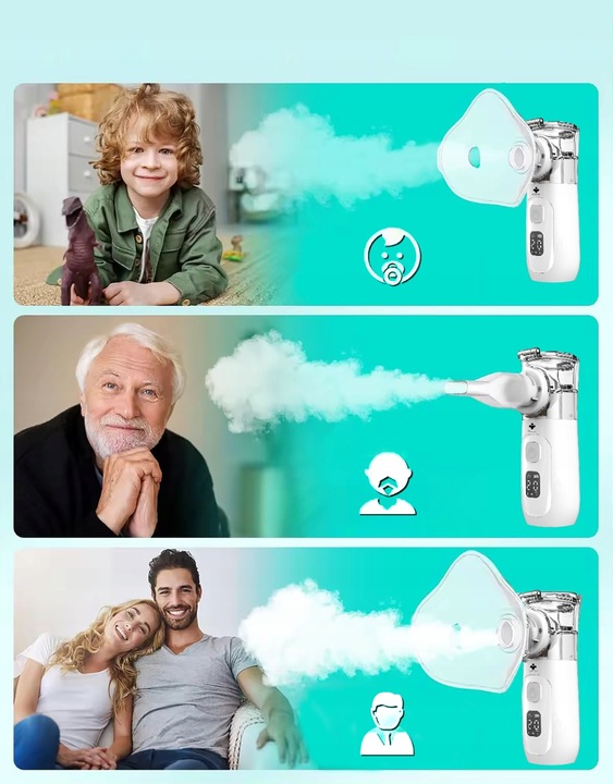 INHALATOR SIATECZKOWY PRZENOŚNY NA AKUMULATOR DLA DZIECI I DOROSŁYCH CICHY