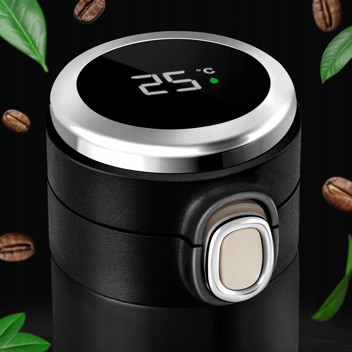 Kubek Termiczny Termos z Ustnikiem Wyświetlaczem LED 400ml Czarny + GRATIS