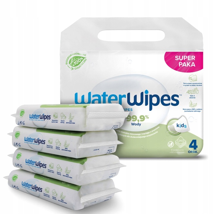 Chusteczki nawilżane 99,9% wody WaterWipes 4x60 dla dzieci biodegradowalne