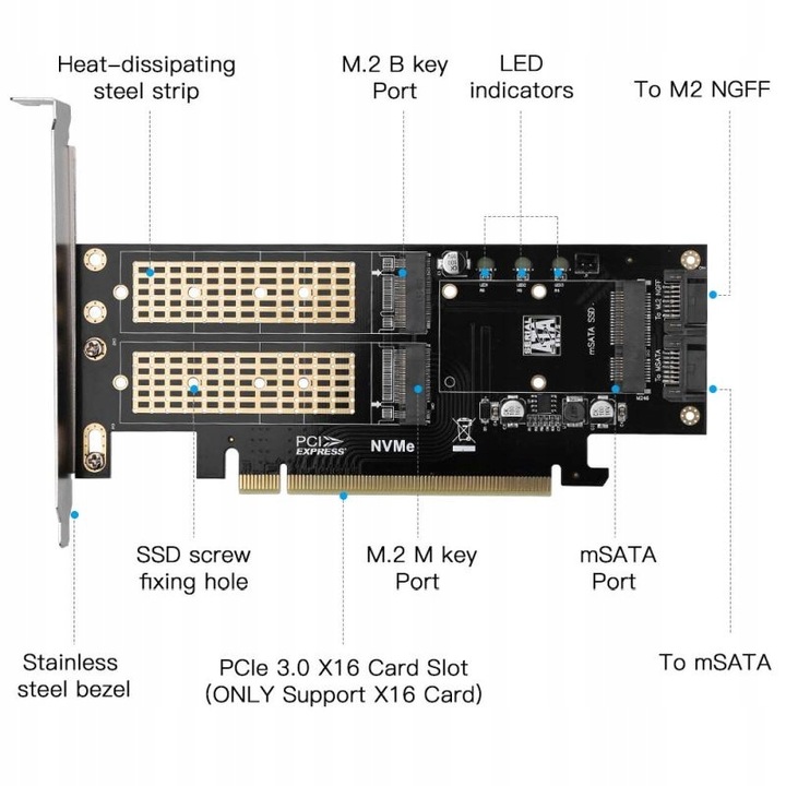 Adapter 3x dysk M.2: SATA + NVMe + mSATA PCI-e x16