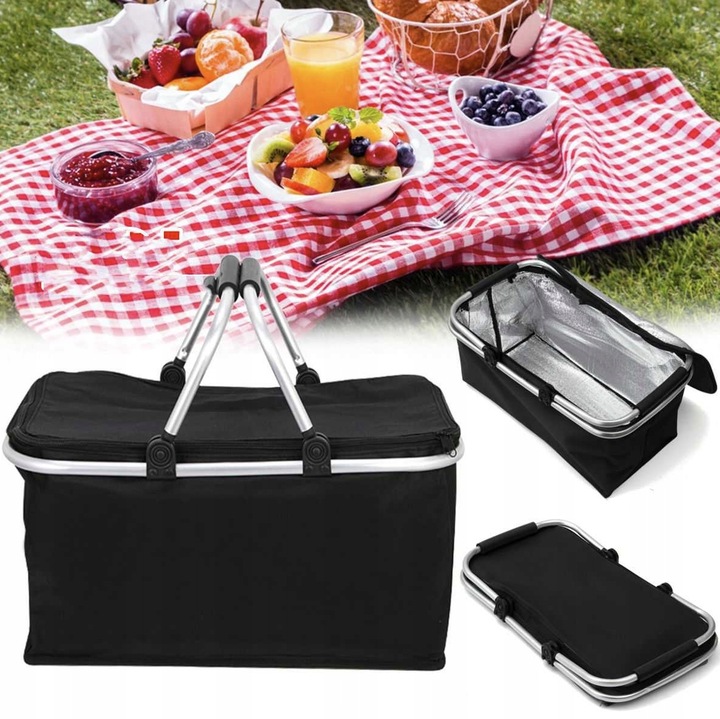 CZARNY KOSZYK PIKNIKOWY DUŻY SKŁADANY SOLIDNY TERMICZNY NA ZAKUPY PIKNIK