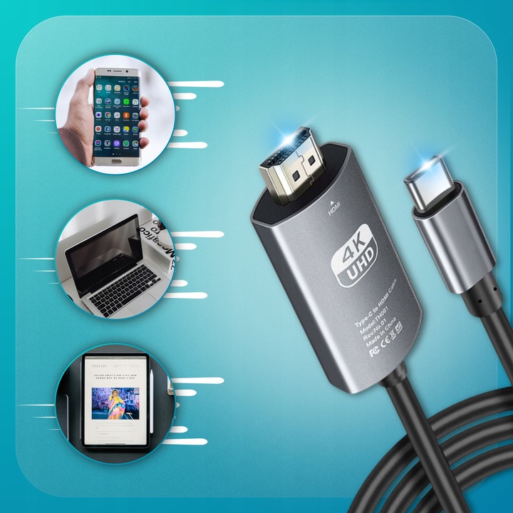 KABEL HDMI USB C 200CM ADAPTER PRZEWÓD 2M PRZEJŚCIÓWKA MHL VIDEO 4K HD