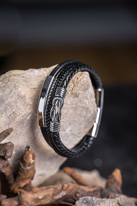Bransoletka Męska Czarna ze Skóry Srebrna GRAWER Prezent Dla Męża Chłopaka