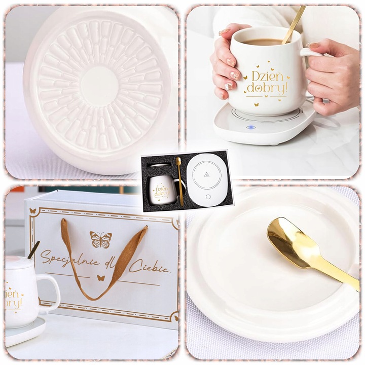 ZESTAW PREZENTOWY PODGRZEWACZ KABEL KUBEK POKRYWKA ŁYŻECZKA DO KAWY