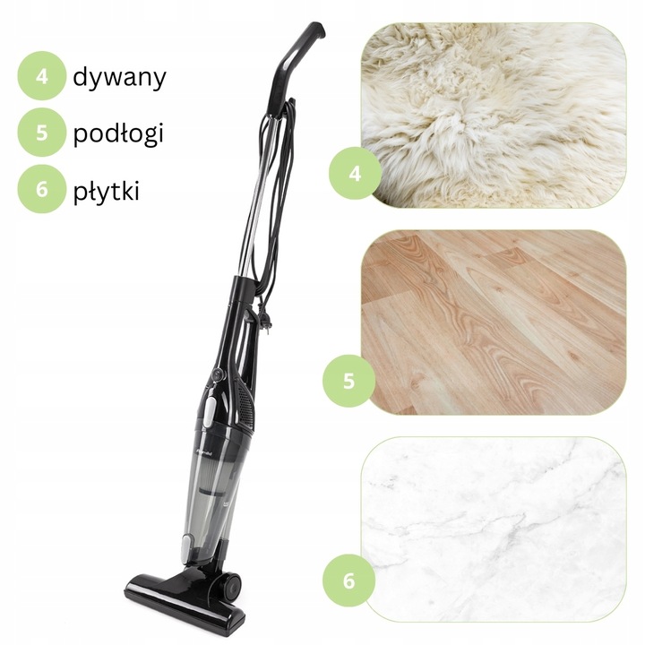 ODKURZACZ 2-w-1 RĘCZNY PIONOWY lekki MOCNY AKCESORIA filtr HEPA KAMILLE