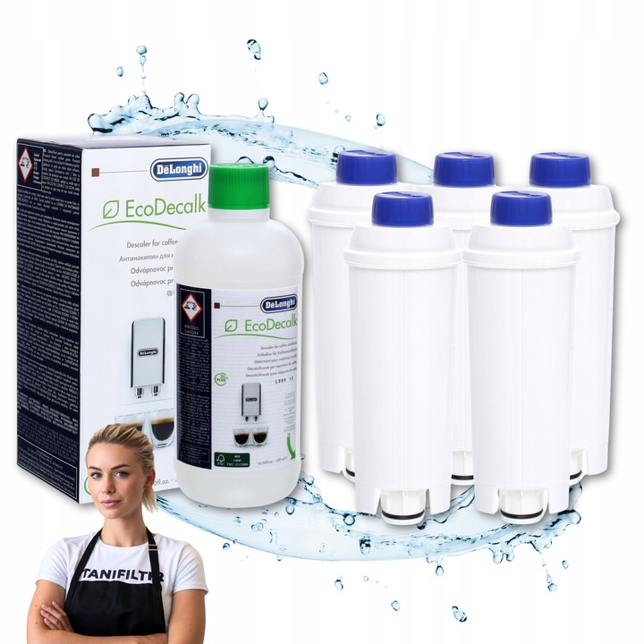 5x FILTR WODY do DELONGHI i ODKAMIENIACZ 500ml zestaw do pielęgnacji