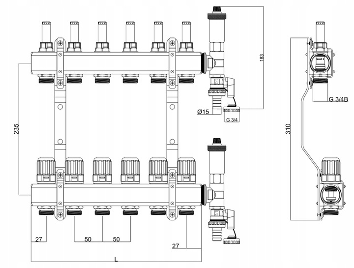 ROZDZIELACZ OGRZEWANIA PODŁOGOWEGO PODŁOGÓWKI 10 OBWODÓW SEKCJI MOSIĘŻNY