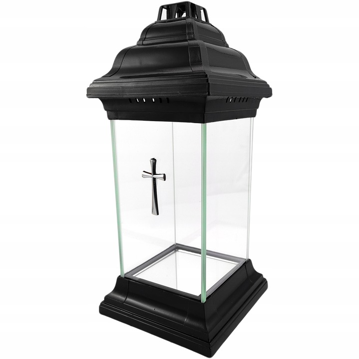 Znicz kapliczka szklany prosty lampion z krzyżem czarny 31cm