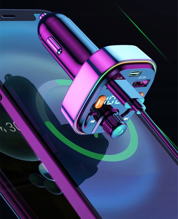 TRANSMITER FM BLUETOOTH 5.0 ŁADOWARKA QC 3.0 PD 20W RGB 2x USB USB-C