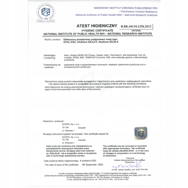 UNIWERSALNY PRZEPŁYWOWY PODGRZEWACZ WODY 6,2 KW KOSPEL EPO2 AMICUS GÓRA/DÓŁ