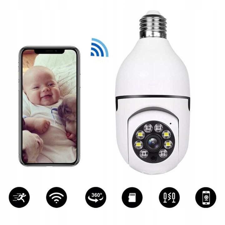 Kamera Obrotowa Panoramiczna 360 Zamiast Żarówki Nagrywanie Nocne Wi-FI IP