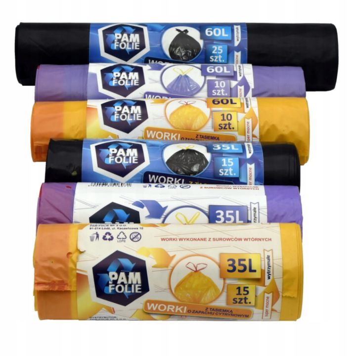 WORKI NA ŚMIECI Zapachowe z Taśmą 60L 10 szt Worki Fresh Pam Folie x5