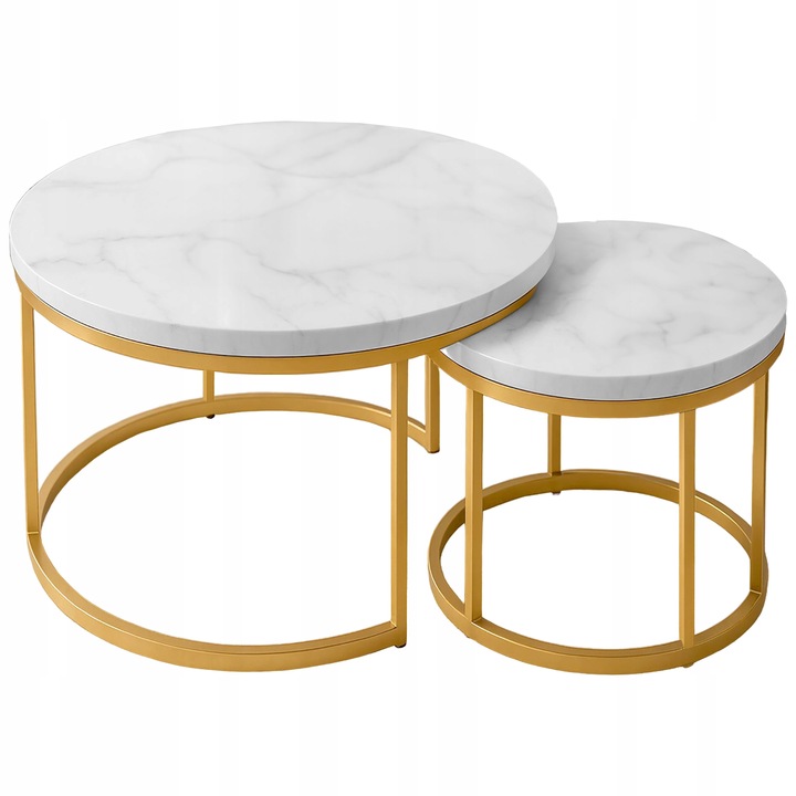 STOLIKI KAWOWE ZESTAW 2w1 ROZKŁADANE DO SALONU GLAMOUR MARMUR BIAŁY