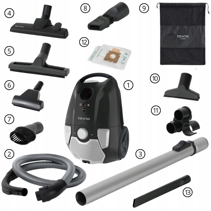 Odkurzacz workowy HEPA TURBOSZCZOTKA CICHY MOCNY 14w1 +3 WORKI 900W LOVIO