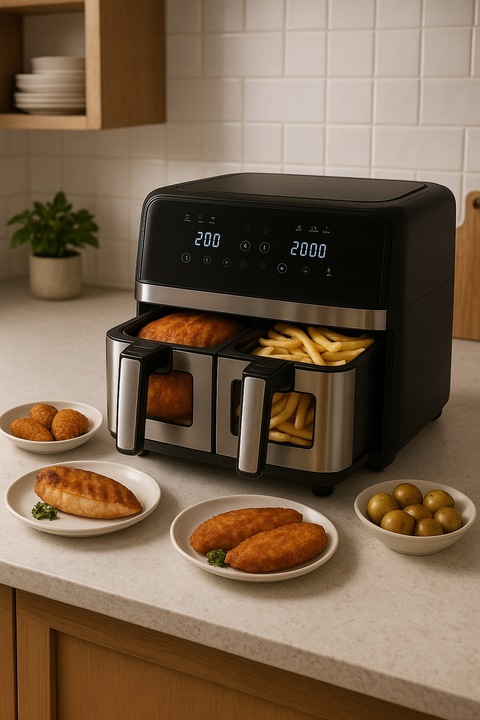FRYTKOWNICA BEZTŁUSZCZOWA DWUKOMOROWA 9L AIR FRYER 2200W 10 PROGRAMÓW