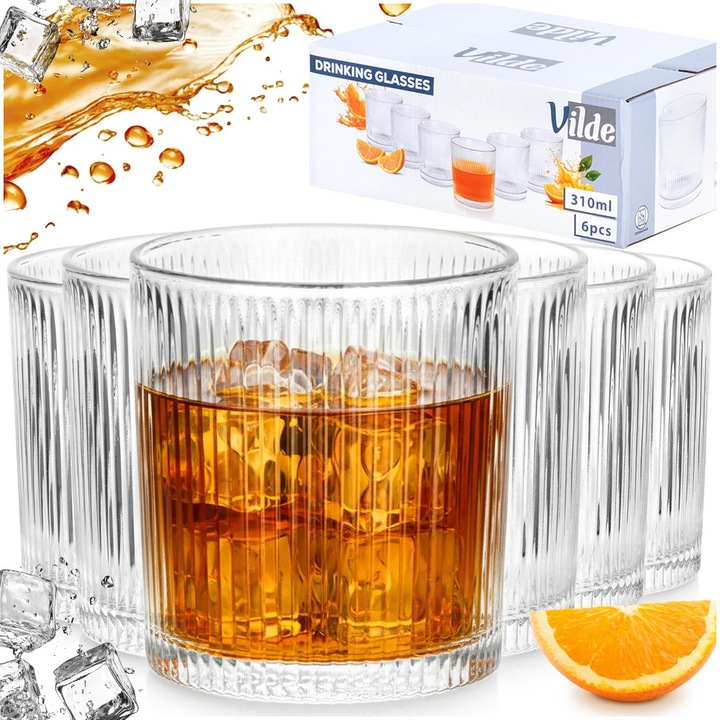 6x Szklanki RYFLOWANE do napojów wody drinków whisky zestaw szklanek 310 ml