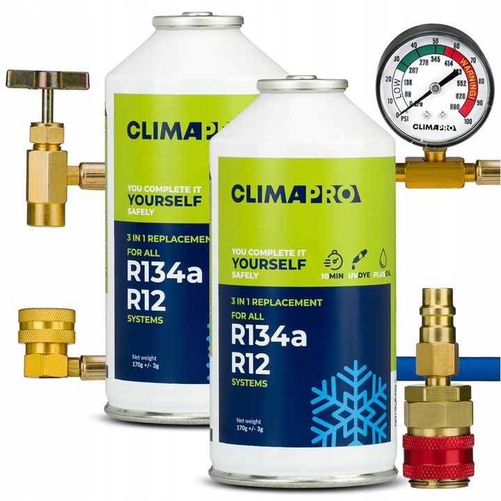 ZESTAW DO NAPEŁNIANIA KLIMATYZACJI AUT Z R134a 2x 170g CZYNNIK WĄŻ REDUKCJA