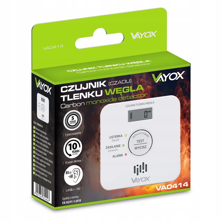 CZUJNIK CZADU DETEKTOR TLENKU WĘGLA WYKRYWACZ 10LAT ŻYWTONOŚCI 85db
