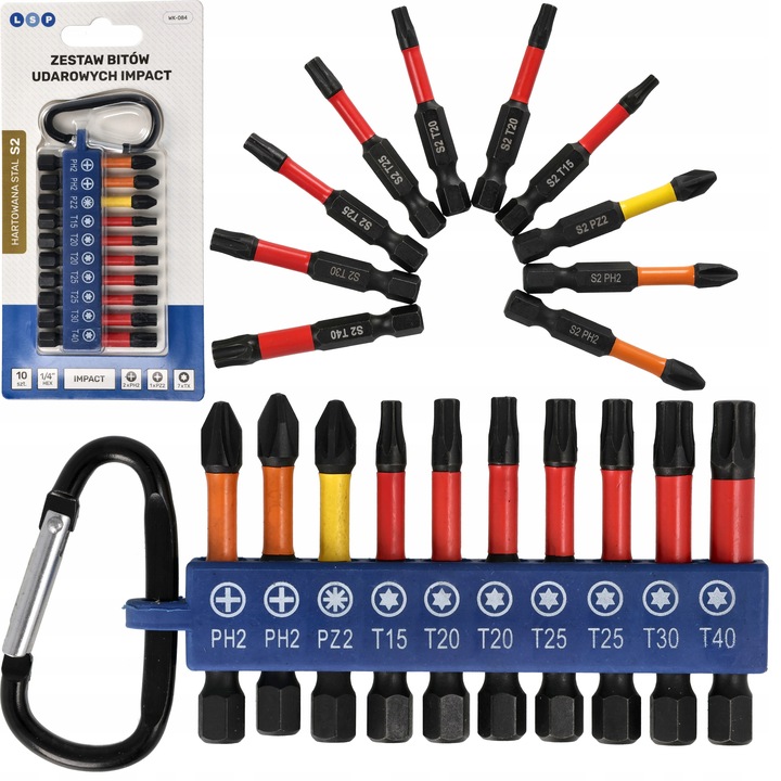 BITY UDAROWE DO WKRĘTARKI STAL S2 ZESTAW BITÓW HEX + KARABIŃCZYK