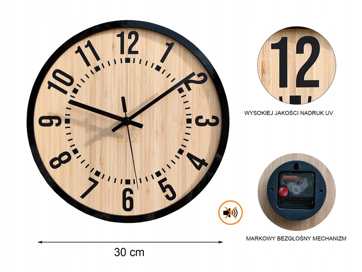 Zegar ścienny Bruno cichy czytelny Bambus Loft