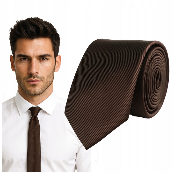 KRAWAT brązowy MĘSKI prążki śledzik cienki SLIM śledź ELEGANCKI 6 cm