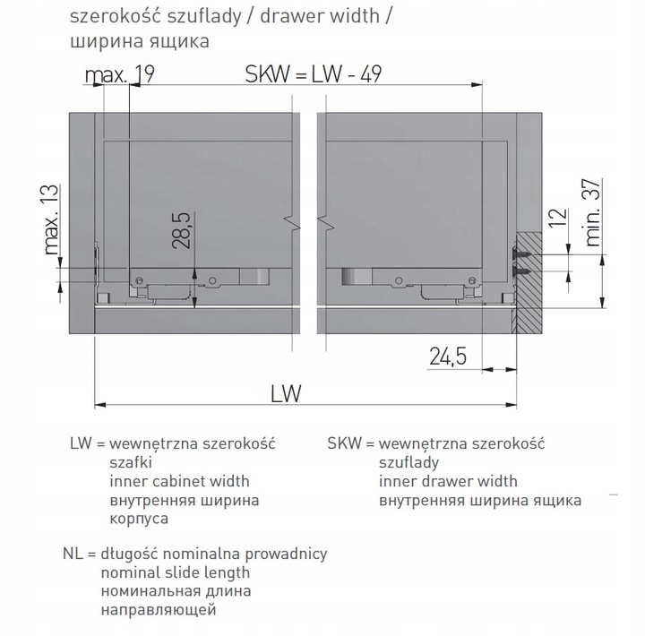 PROWADNICA DOLNEGO MONTAŻU GTV MODERN SLIDE L450 PEŁNY WYSUW CICHY