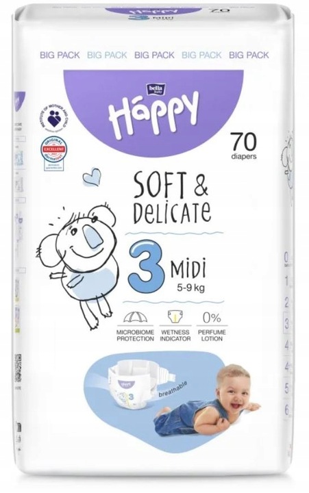 Pieluszki Bella Happy 3 Midi 5-9kg 70 szt. BIG PACK
