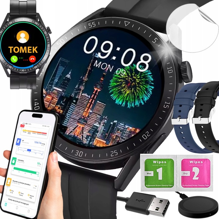 SMARTWATCH ZEGAREK POLSKIE MENU ROZMOWY SPORT SMART WATCH MĘSKI 2 PASKI