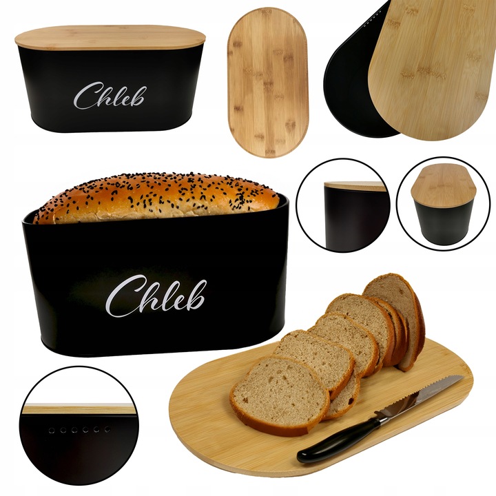 CHLEBAK POJEMNIK NA PIECZYWO Z POKRYWĄ DESKĄ DO KROJENIA CZARNY CH01
