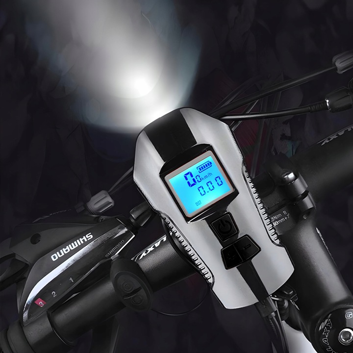 LAMPKA ROWEROWA LED LICZNIK KM PRĘDKOŚCIOMIERZ DZWONEK PRZÓD + TYŁ