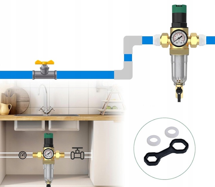 REDUKTOR CIŚNIENIA WODY 1 CALA 3/4 MANOMETR+FILTR DŁUGI Z ZAWOREM 3Ccc