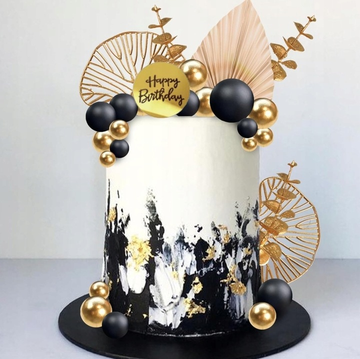 DEKORACJA TOPPER NA TORT ZŁOTE CZARNE KULE MIX NA PIKU WACHLARZE LIŚCIE