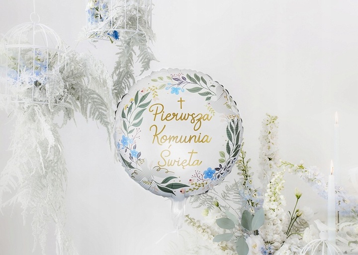 Balony z konfetti złote dekoracje ozdoby komunijne stojak boho na I