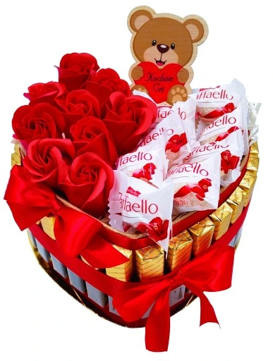 Tort MERCI Kosz Prezentowy Zestaw Słodyczy Róże Prezent dla Dziewczyny Żony