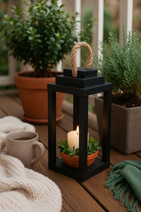 Lampion na Cmentarz Drewniany Latarenka Stroik Grób czarny z uchwytem 30 cm