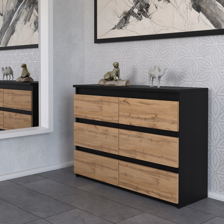 KOMODA Z 6 SZUFLADAMI 100 CM CZARNA DĄB WOTAN POJEMNA SZAFKA RTV LOFT